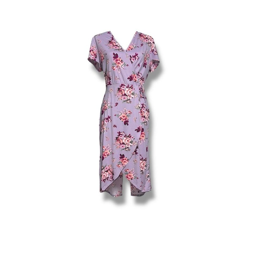 Kristin Nicole Women's Purple Floral Wrap Dress Knee Length Casual Size L NWT